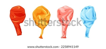 Cartoon inflatable balloon of various shapes and colors. Empty rubber blowing process. Latext uninflated element. Vector illustration on white background