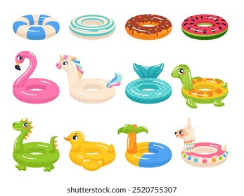 Círculos infláveis de desenhos animados. Anéis de natação coloridos, brinquedos de água de borracha, piscina de verão acessórios de natação engraçados, unicórnio e lhama, melancia e donut, desenho animado conjunto de vetor isolado plano