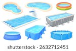 Cartoon inflatable pools. Different swimming pool type for backyard sport olympic kid summer party fitness gum yard patio swim float outdoor beach vacation neat vector illustration