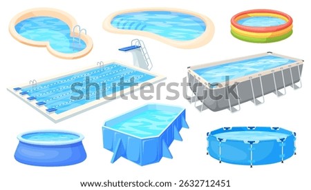 Cartoon inflatable pools. Different swimming pool type for backyard sport olympic kid summer party fitness gum yard patio swim float outdoor beach vacation neat vector illustration