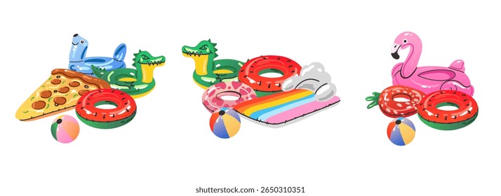 Cartoon inflatable toys. Colorful swimming rings and mattress, rubber water summer pool funny swimming accessories, flamingo, pizza and ball, watermelon and donut, vector flat isolated set