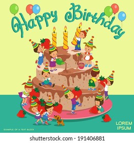 Cartoon. Infographics. Funny kids decorate a birthday cake.