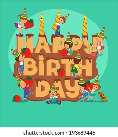 Cartoon. Infographics. Kids decorate the cake with the word birthday.