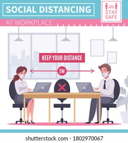 Cartoon Infographics With People Keeping Social Distancing At Work Place In Office Vector Illustration