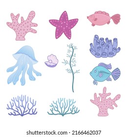Cartoon inhabitants of the underwater world. Corals, fish, algae, starfish, jellyfish, clam, shell with pearl. Design elements. Vector.