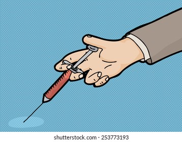 Cartoon of injection with hypodermic needle over blue