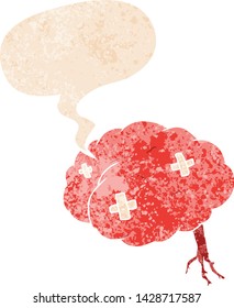 cartoon injured brain with speech bubble in grunge distressed retro textured style