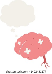 cartoon injured brain with thought bubble in retro style