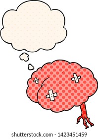 cartoon injured brain with thought bubble in comic book style