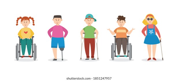 Cartoon injured children with crutches and bandages, flat vector illustration isolated on white background. Disabled wounded boys and girls cartoon characters.
