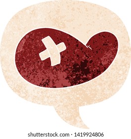 cartoon injured gall bladder with speech bubble in grunge distressed retro textured style