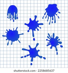 
La tinta de caricatura se bloquea en una hoja de un cuaderno escolar. Conjunto vectorial de manchas aisladas.