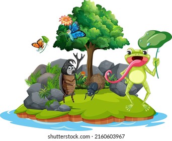 Cartoon insect and beetle in the forest  illustration