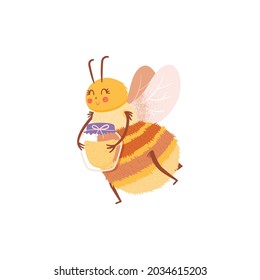 Cartoon insect character flying bee with a jar of honey in flat style. Honey bee vector personage isolated design.The character of cute bee with honey on white background. Child character concept.