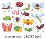 Cartoon insect characters. Children cute bug funny insects mascot, happy beetle garden pest antennae ant bee dragonfly mosquito fly bugs wildlife set, swanky vector illustration original artwork