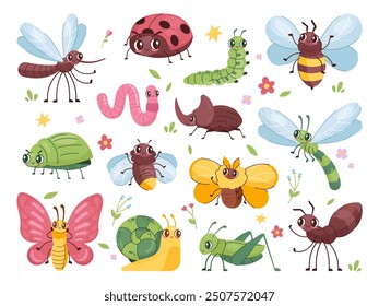 Cartoon insect characters. Children cute bug funny insects mascot, happy beetle garden pest antennae ant bee dragonfly mosquito fly bugs wildlife set, swanky vector illustration original artwork