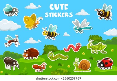 Cartoon insect characters stickers pack on summer flower field vector background. Funny butterfly, ant, bee and fly, cute bug and spider insect personages. Cartoon happy ladybug, dragonfly and worm