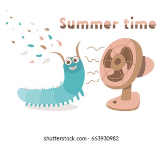 Cartoon insect in front of fan during hot weather. Caterpillar character isolated on white background. Vector illustration.