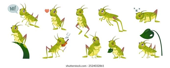 Cartoon insect. Green cricket character. Grasshopper cute sings. Animal smells or sleeps. Happy child bug jumps in grass. Fun and relax. Nature kid comic mascot. Play music. Vector tidy activities set