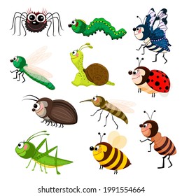 Cartoon insect set isolated on white background. Funny smiling bugs. Colorful beetles character collection. Cute garden animals. Symbol of nature, spring, summer. Stock vector illustration