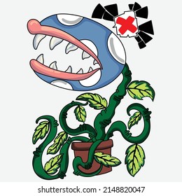 cartoon insectivorous flower with sharp teeth and creeping roots