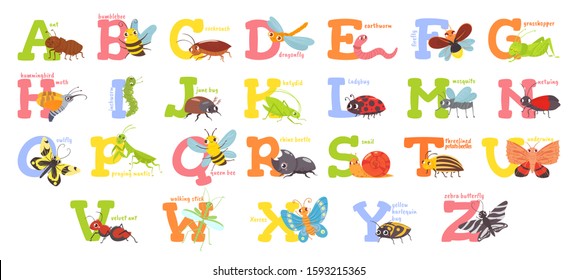 Cartoon insects alphabet. Funny bug letters, comic insect abc for kids and cute bugs vector illustration set. Educational english alphabet with colorful cartoon characters. Elementary school education