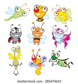 Cartoon insects. Big eyes animals set. Funny insects. 