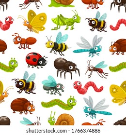 Cartoon insects and bugs vector seamless pattern. Background with cute ant, worm, caterpillar, bee and butterfly, spider, snail, fly and dragonfly, beetle, grasshopper, ladybug, wasp and bumblebee