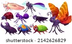 Cartoon insects characters mole, dragonfly, bedbug, butterfly, ladybug, ant, colorado and rhinoceros beetle. Funny wild creatures with smiling faces, mascot, kids design elements, isolated vector set