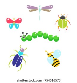 Cartoon insects colorful vector set on white. Bee, beetles, butterfly and caterpillar.