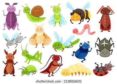 Los insectos de dibujos animados, los bichos del jardín, la libélula, la mariquita, la araña. Caracol gracioso, abejorro, libélula, insectos sonrientes para niños conjunto de vectores. Ilustración de libélula y escarabajo