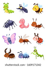 Cartoon insects. Cute grasshopper and ladybug, caterpillar and butterfly. Mosquito and spider. Fly, ant and mantis vector comic set