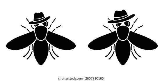 Cartoon insects with face and hat. Flesh eating screw worm fly. Insect, screw-worm fly or vaker screwworm fly. Cochliomyia macellaria insect. Their larvae feed on living animal tissue.
