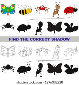 Cartoon insects. Find the correct shadow. Educational game for children. Vector