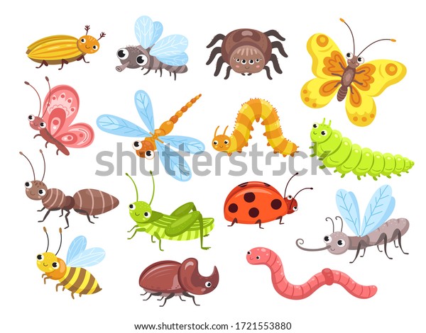 Cartoon insects. Fly bug, cute butterfly and\
beetle. Funny garden animals. Ant bumblebee and spider ladybug for\
children vector\
illustration