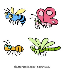 Cartoon insects flying and crawling somewhere. Vector illustration. Contour freehand digital drawing cute characters. Butterfly, wasp, dragonfly and ant. White color background.