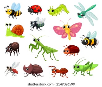 Cartoon insects, funny kid characters, vector cute butterfly, ant and fly, vector bugs. Cartoon bee with dragonfly and spider, ladybug and grasshopper with caterpillar worm and beetle
