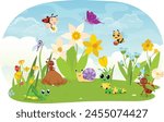 Cartoon Insects in the garden, snail, bees, ladybug, grasshopper, dragonfly, caterpillar and ant 