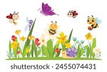 Cartoon Insects in the garden, snail, bees, ladybug, grasshopper, dragonfly, caterpillar and ant 