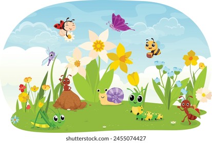 Cartoon Insects in the garden, snail, bees, ladybug, grasshopper, dragonfly, caterpillar and ant 