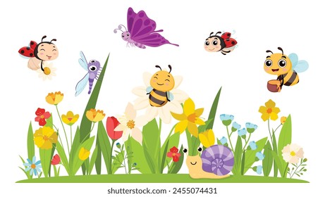 Cartoon Insects in the garden, snail, bees, ladybug, grasshopper, dragonfly, caterpillar and ant 