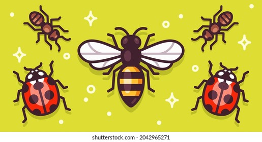 Cartoon insects illustration on a bright banner. Bee, ants and ladybugs. Simple vector clip art set.