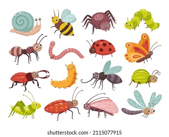 Los insectos de dibujos animados. Insulto aislado, niños pequeños abejas silvestres, insectos y mariposa. Ala linda, oruga de jardinería y caracol. Caracteres vectoriales neotercios de la naturaleza