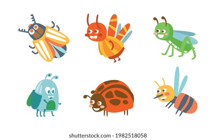 Cartoon Insects with Ladybug and Grasshopper Vector Set