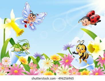 Cartoon insects on flower field