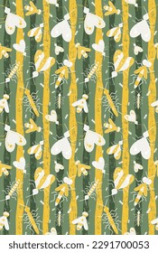 Cartoon insects on striped background. Seamless pattern with yellow beetles and butterflies.