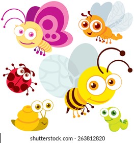 Cartoon Insects set with 6 insects of  bee,  butterfly, ladybird, dragonfly, worm & snail