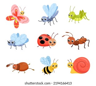 Cartoon insects set. Cute ant, grasshopper and snail. Childish vector illustration isolated on white background