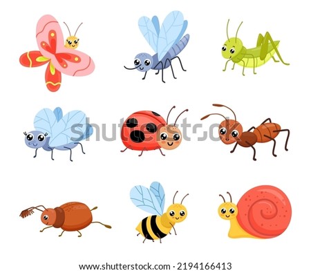 Cartoon insects set. Cute ant, grasshopper and snail. Childish vector illustration isolated on white background