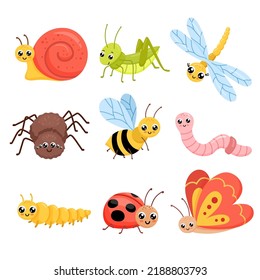 Cartoon insects set. Cute butterfly, grasshopper and dragonfly. Childish vector illustration isolated on white